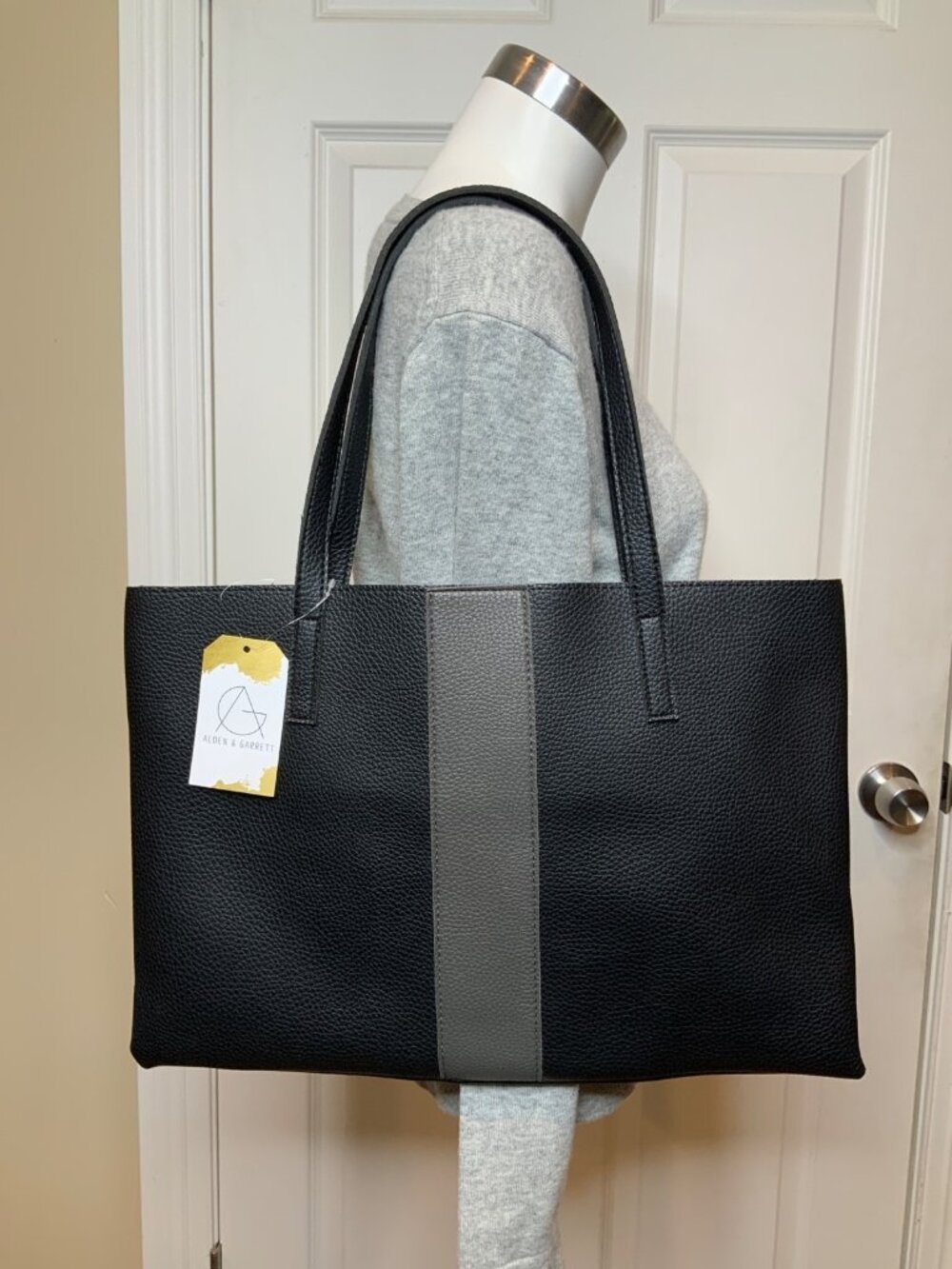 Vince Camuto Vegan Leather Black Pebbled Gray Stripe Luck Tote Bag